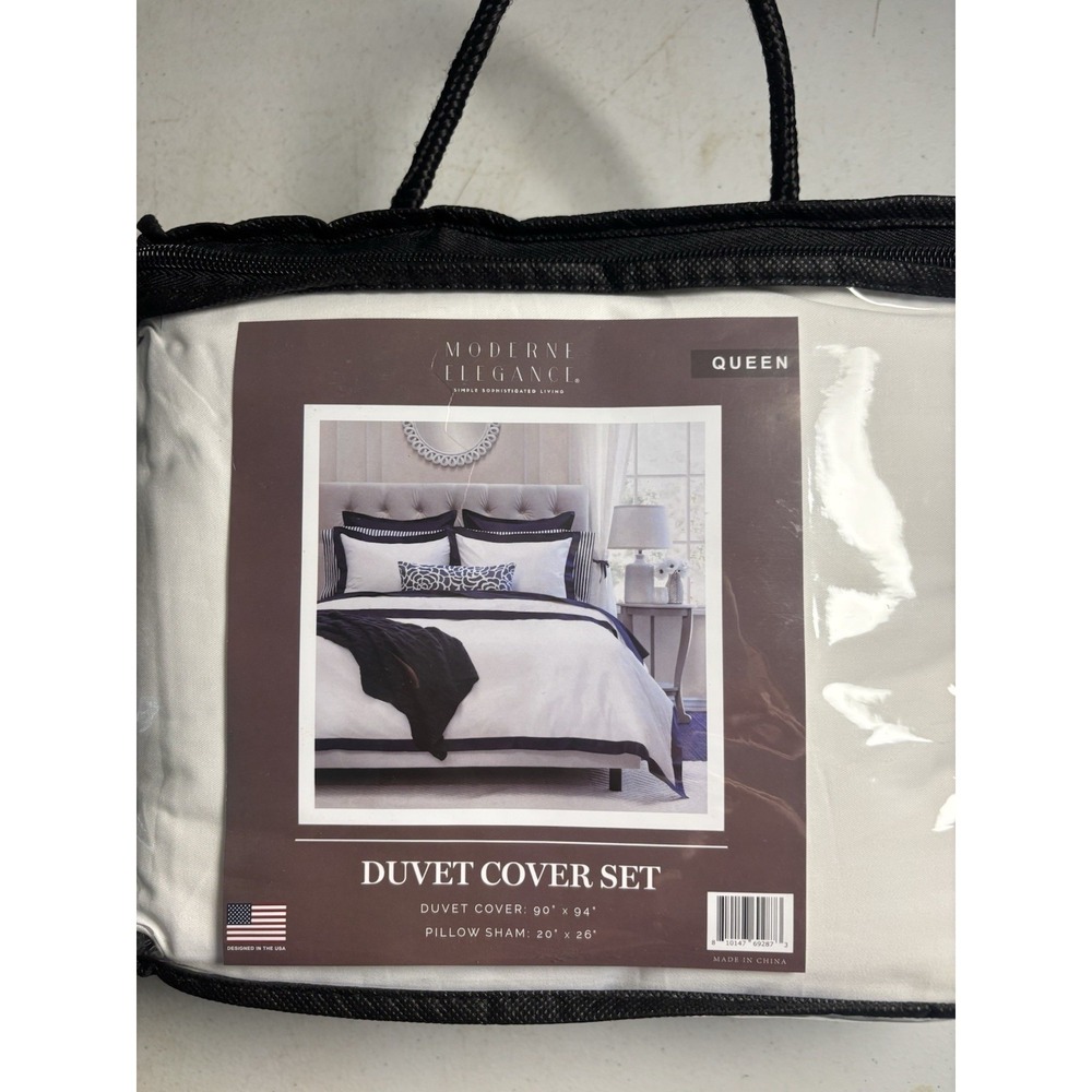 Moderne Elegance Duvet Cover Set Queen Duvet Cover & Pillow Sham‎ Navy & Wht NEW